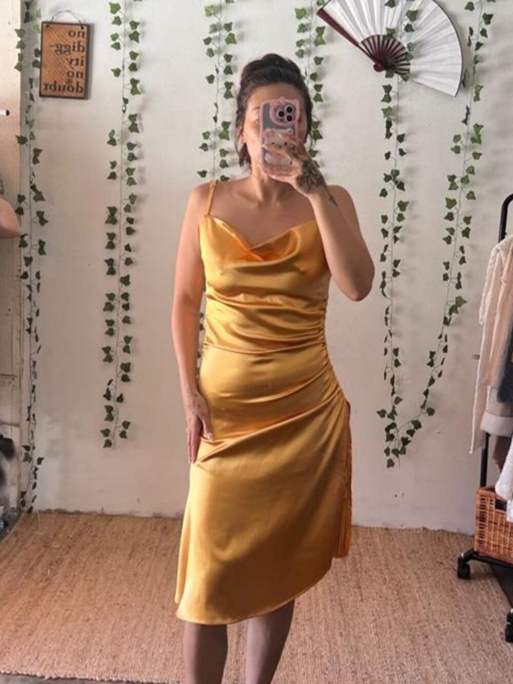 Gold satin cowl neck midi dress. Size medium
